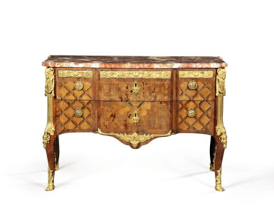 View full screen - View 1 of Lot 204. A part Louis XVI gilt-bronze mounted tulipwood, harewood and holly marquetry commode, stamped Pierre Roussel.
