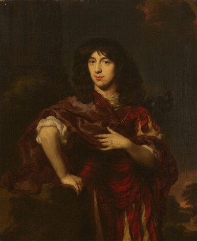 View full screen - View 1 of Lot 1016. Portrait of a gentleman, three-quarter-length, wearing a red silk mantle.
