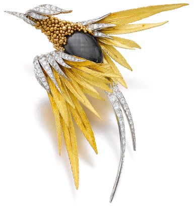 View full screen - View 1 of Lot 24. STERLÉ | BLACK SAPPHIRE AND DIAMOND BROOCH.