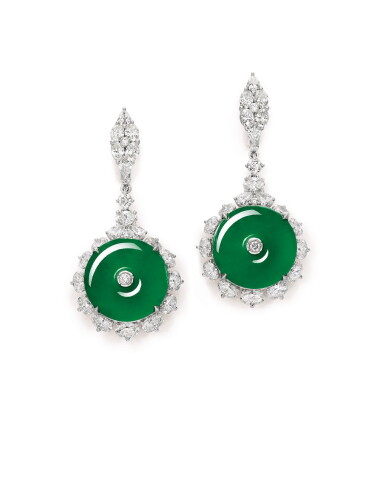 View full screen - View 1 of Lot 1630. Pair of Jadeite and Diamond Pendent Earrings | 天然翡翠 配 鑽石 耳墜一對.