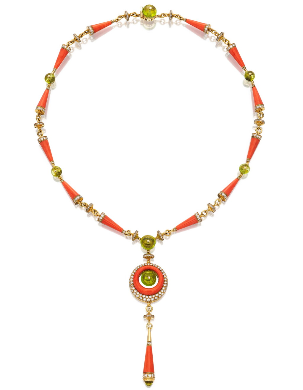 View full screen - View 1 of Lot 1704. BULGARI | CORAL, PERIDOT AND DIAMOND PENDENT NECKLACE | 寶格麗 | 珊瑚 配 橄欖石 及 鑽石 項鏈.