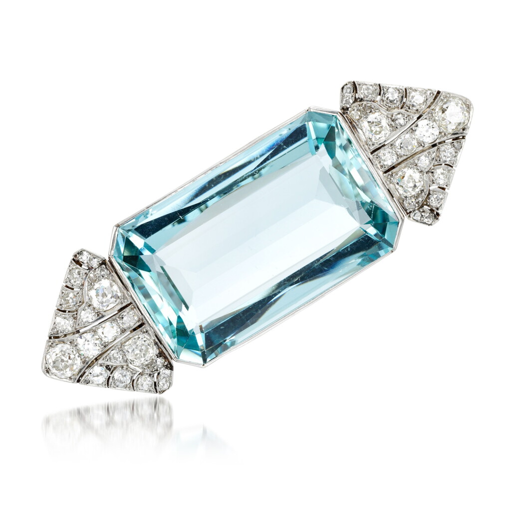 View full screen - View 1 of Lot 111. Aquamarine and diamond brooch, first quarter of the 20th century, The Property of the Marquess of Anglesey from the Private Apartment at Plas Newydd.