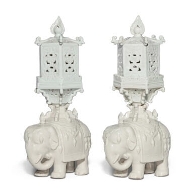View full screen - View 1 of Lot 1366. A pair of white-glazed elephant-form lanterns, Qing dynasty, late 18th / early 19th century | 清十八世紀末 / 十九世紀初 白釉瑞象燈籠一對.