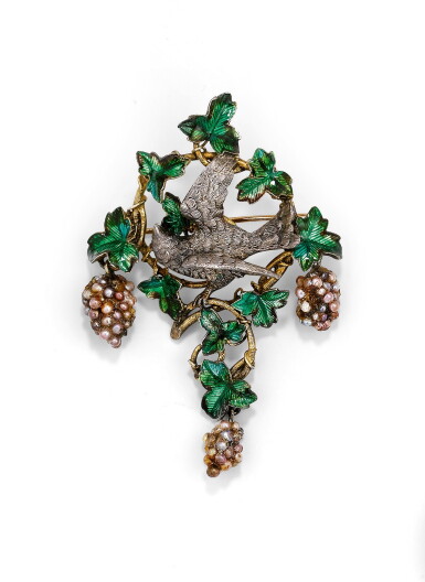 View full screen - View 1 of Lot 5. BROCHE PERLES DE SEMENCE ET ÉMAIL, ATTRIBUÉE À FROMENT-MEURICE | SEED PEARL AND ENAMEL BROOCH, ATTRIBUTED TO FROMENT-MEURICE.