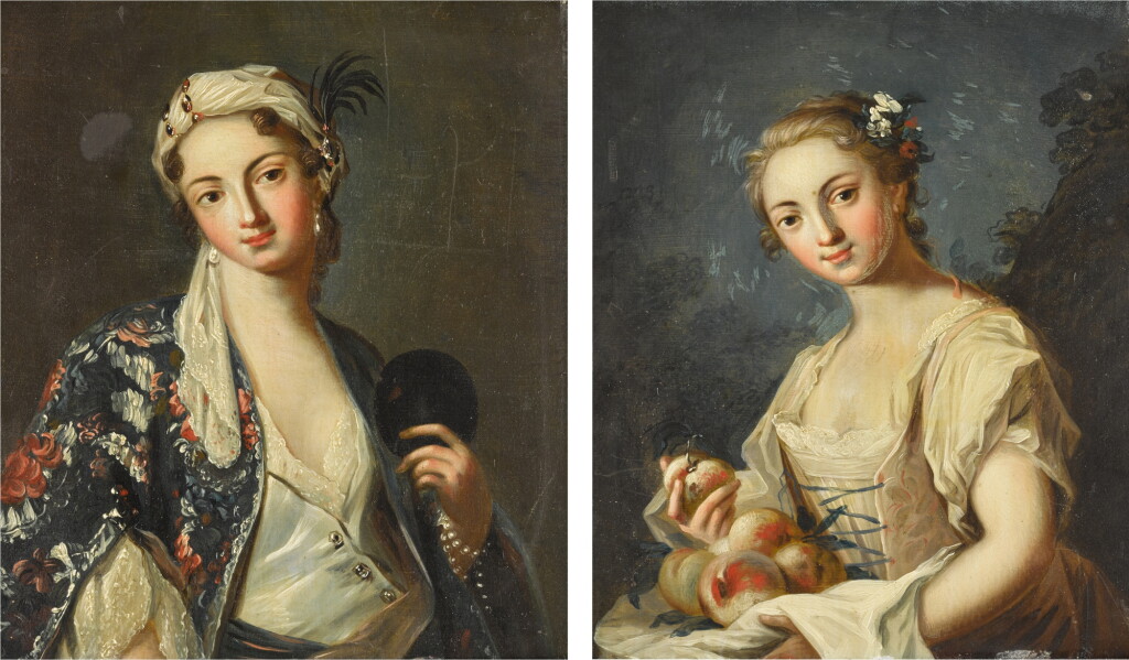 View full screen - View 1 of Lot 115. A pair of portraits: one of a lady holding a mask; the other of a lady holding a basket of fruit.