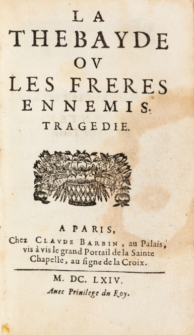 View full screen - View 1 of Lot 52. Œuvres. Paris, Barbin, 1673. In-12. Basane de l'époque. Tome I seul. Très rare recueil de quatre pièces comportant les éditions originales de "La Thebayde", d'"Andromaque" et des "Plaideurs"..
