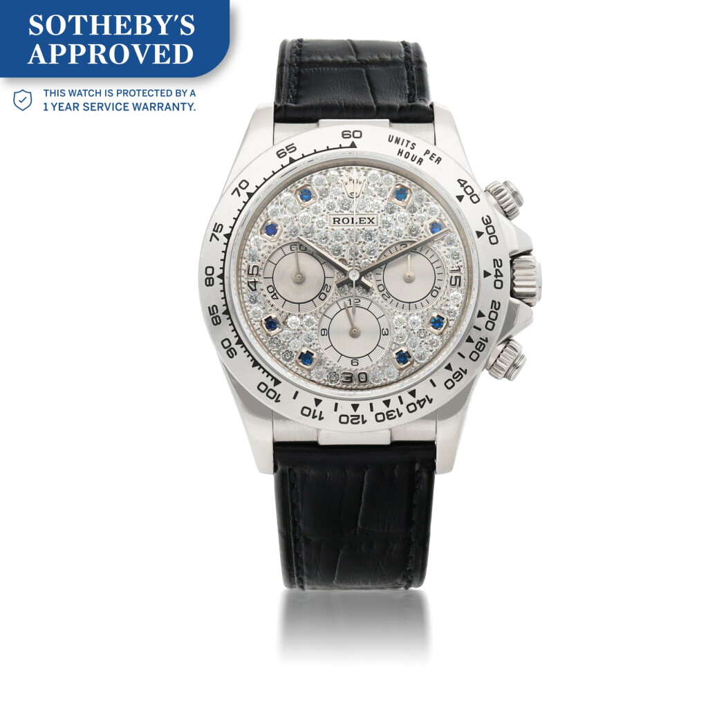 View full screen - View 1 of Lot 651. 'ZENITH' DAYTONA, REF 16519 WHITE GOLD DIAMOND AND SAPPHIRE-SET CHRONOGRAPH WRISTWATCH CIRCA 2000.