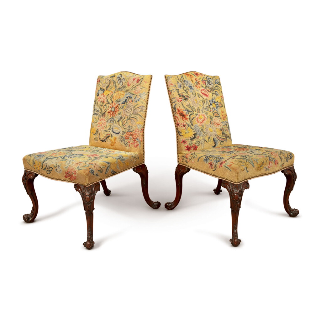 View full screen - View 1 of Lot 539. A PAIR OF LATE GEORGE II CARVED MAHOGANY SIDE CHAIRS, MID-18TH CENTURY.