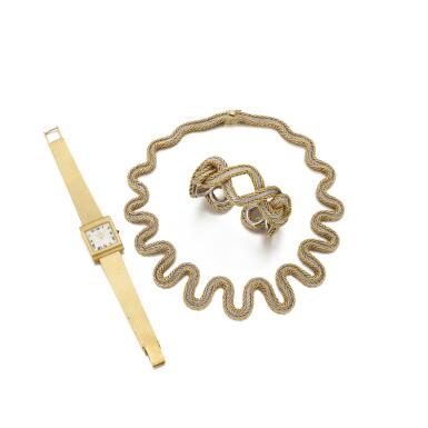 View full screen - View 1 of Lot 177. Yellow and white gold Demi Parure and a wristwatch | Demi Parure in oro giallo e bianco e un orologio da polso.