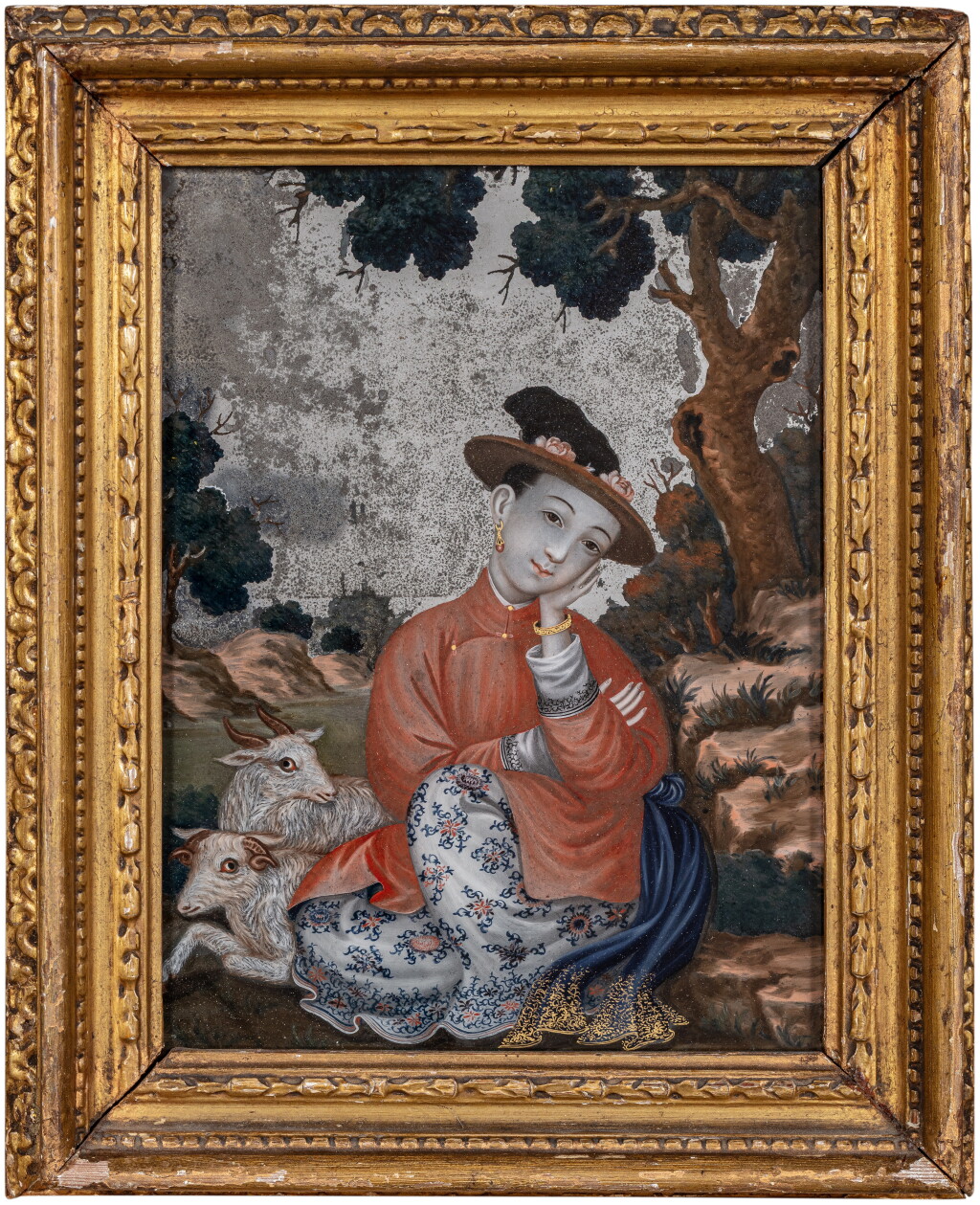 View full screen - View 1 of Lot 370. A mirrored reverse glass image depicting a seated shepherdess, China (for European export), last third of the 18th century.