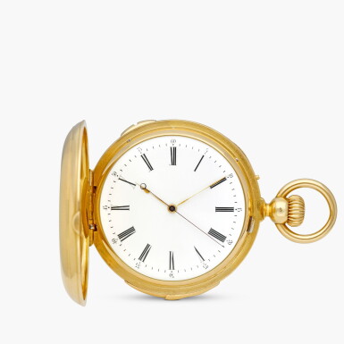 View full screen - View 1 of Lot 2438. A yellow gold two-train minute repeating hunting case keyless lever watch with independent jumping seconds and enamel dial, Circa 1867.