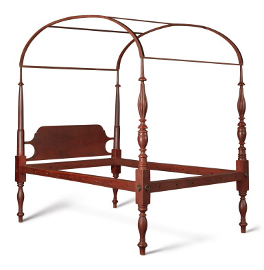 View full screen - View 1 of Lot 113. Very Fine and Rare Federal Red-Stained Carved and Turned Maple Four-Post Tester Bedstead, New Hampshire, circa 1805.