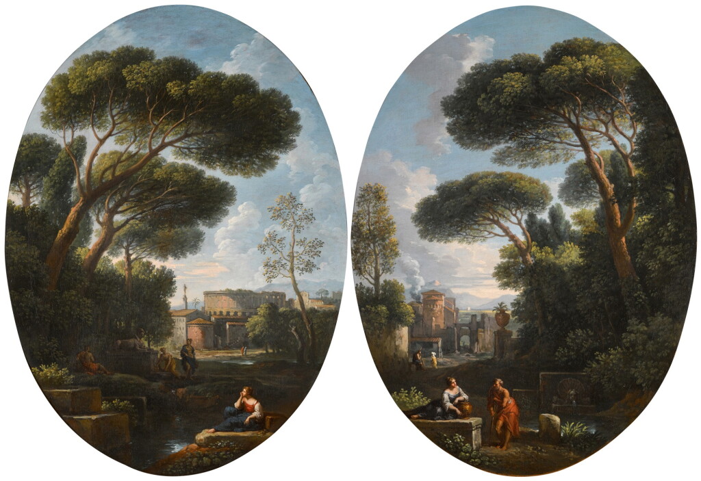 View full screen - View 1 of Lot 64. JAN FRANS VAN BLOEMEN, CALLED ORIZZONTE | A PAIR OF CAPRICCI DEPICTING COUNTRY SCENES WITH FIGURES.