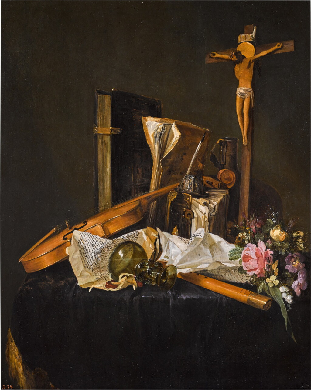 View full screen - View 1 of Lot 322. Vanitas still life with a violin, a flute, a roemer, a crucifix, an inkwell, books, manuscripts and a wreath of flowers, on a dark cloth with a gold fringe.