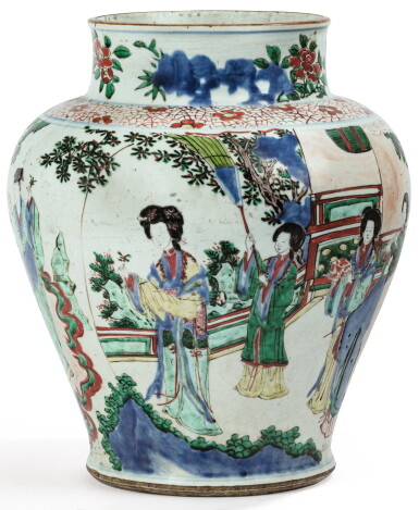 View full screen - View 1 of Lot 42. POTICHE EN PORCELAINE WUCAI EPOQUE TRANSITION, XVIIE SIÈCLE | 十七世紀 五彩人物故事圖罐 | A wucai baluster jar, Transitional period, 17th century .