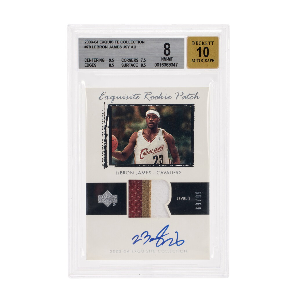 全螢幕檢視 - 查看102003-04 Upper Deck Exquisite Collection Rookie Patch Auto #78 LeBron James 69/99 - BGS 8/Autograph 10 | On-Card Autograph | Rookie Card的1