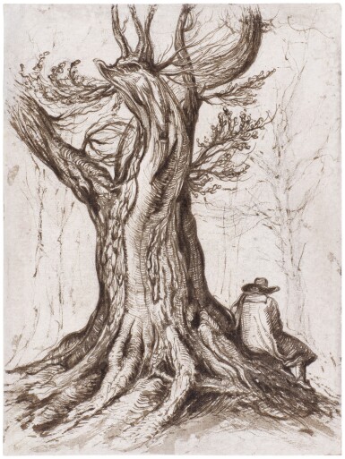 View full screen - View 1 of Lot 62. A man in a hat seated by a tree stump.