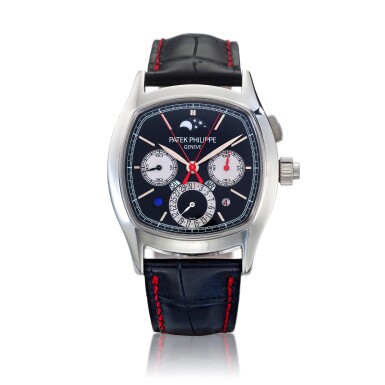 View full screen - View 1 of Lot 88. Reference 5951P-001, A rare platinum perpetual calendar split seconds chronograph wristwatch with moon phases, day/night and leap year indication, Circa 2014 百達翡麗 5951P-001 型號罕有鉑金萬年曆追針計時腕錶備月相、晝夜及閏年顯示,約2014年製.