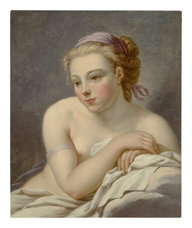 View full screen - View 1 of Lot 237. ATTRIBUTED TO HUGUES TARAVAL | PORTRAIT OF A YOUNG WOMAN, HALF LENGTH, NUDE, LEANING ON HER ELBOW.