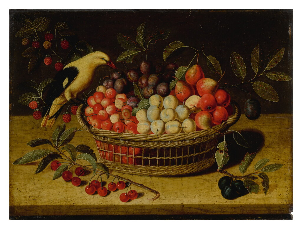 View full screen - View 1 of Lot 638. Still life with cherries, plums, raspberries and other fruits in a basket, with a yellow bird.