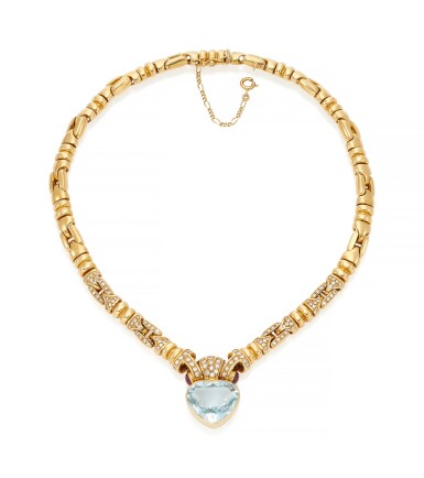 View full screen - View 1 of Lot 124. AQUAMARINE, RUBY AND DIAMOND PENDANT-NECKLACE (COLLANA IN DIAMANTI, RUBINI E ACQUAMARINA).