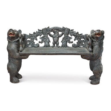 View full screen - View 1 of Lot 278. A SWISS "BLACK FOREST" CARVED LINDEN WOOD BEAR BENCH, CIRCA 1900.