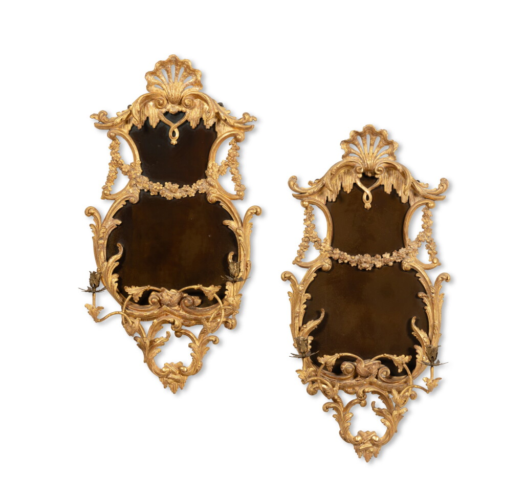 View full screen - View 1 of Lot 82. A pair of giltwood George III style two-light girandoles, re-gilt, 19th century | Paire de girandoles à deux lumières en bois redoré de style George III, XIXe siècle.