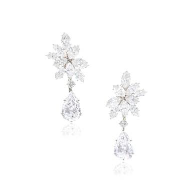 View full screen - View 1 of Lot 600. Attractive pair of diamond pendent ear clips.