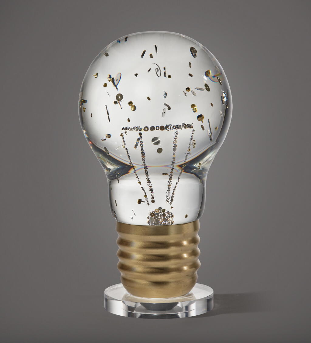 View full screen - View 1 of Lot 1. Bright Idea | A limited edition brass and precious lucite sculpture composed with vintage movement parts, Circa 2023.