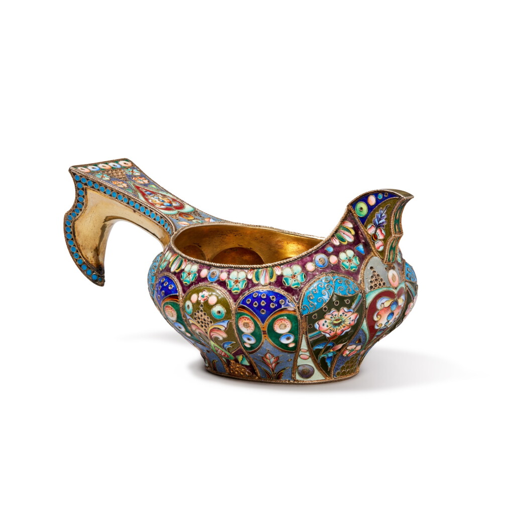 View full screen - View 1 of Lot 202. A silver-gilt and shaded cloisonné enamel kovsh, maker's mark Cyrillic M.G., Moscow, 1908-1917.