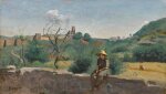 Le Château Sainte-Marie à Crémieu (Isère) – jeune paysanne assise sur un mur au premier plan (Château Sainte-Marie in Crémieu (Isère) – a young peasant woman seated on a wall in the foreground)