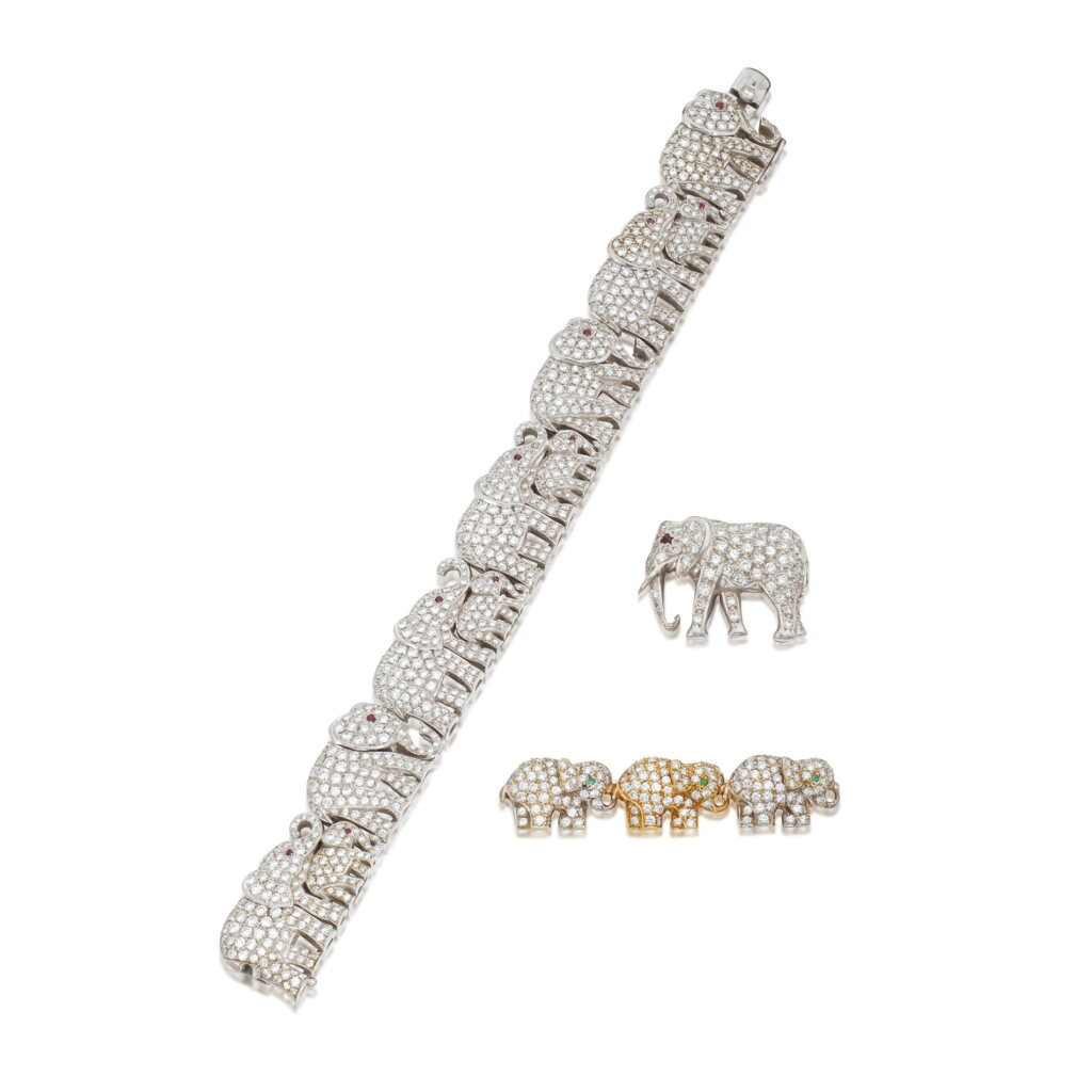 View full screen - View 1 of Lot 804. Ruby and diamond bracelet, Asprey, circa 1989 and two emerald, ruby and diamond brooches.