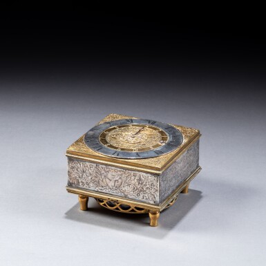 View full screen - View 1 of Lot 218. A Louis XIV gilt-brass and silver horizontal table clock with alarm, French, mid-17th century.