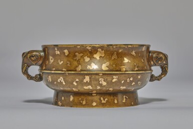 View full screen - View 1 of Lot 64. A Chinese Gold-Splashed Bronze Censer, Qing Dynasty, Qianlong Period | 清乾隆 銅灑金象耳爐.