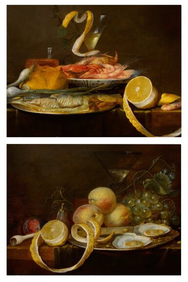 View full screen - View 1 of Lot 32. Tabletop still life, including a herring on a pewter dish, a porcelain bowl of shrimp, a wine glass, and a partially-peeled lemon; Tabletop still life, including two oysters on a pewter dish, a wine glass, a partially-peeled lemon, and an assortment of fruit.