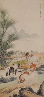 Ma Jin (1900-1970), Bathing horses, ink and colour on paper, hanging scroll | 馬晉 《浴馬圖》設色紙本 立軸
