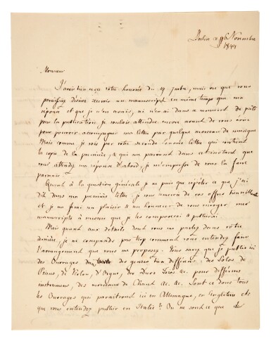 View full screen - View 1 of Lot 137. Felix Mendelssohn Bartholdy. Three autograph letters signed, one unpublished, 1842-1844.