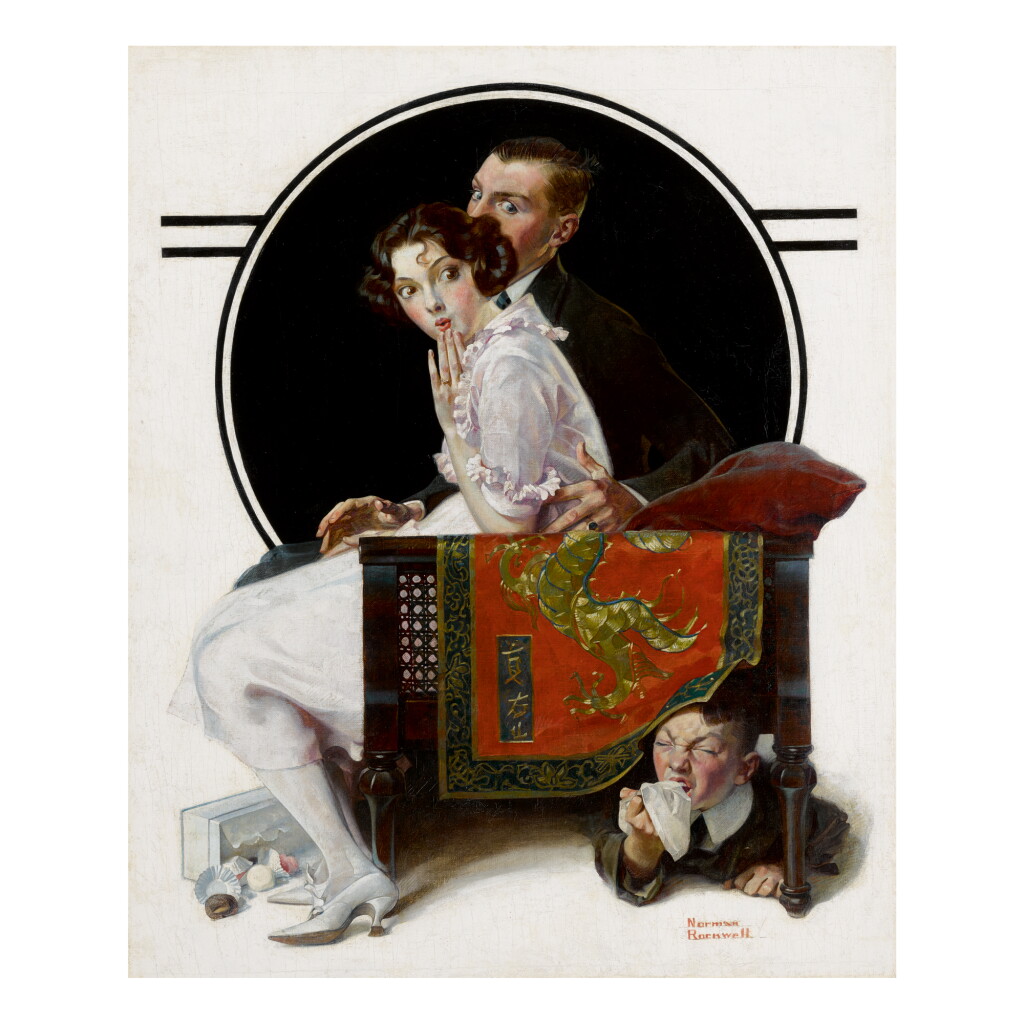 View full screen - View 1 of Lot 12. NORMAN ROCKWELL | BOY HIDING UNDER COUCH SNEEZING (THE SNEEZING SPY).