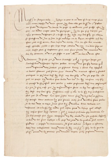 View full screen - View 1 of Lot 14. Catherine de' Medici | Letter signed, to Raimond, Seigneur de Fourquevaux, 8 November 1566.