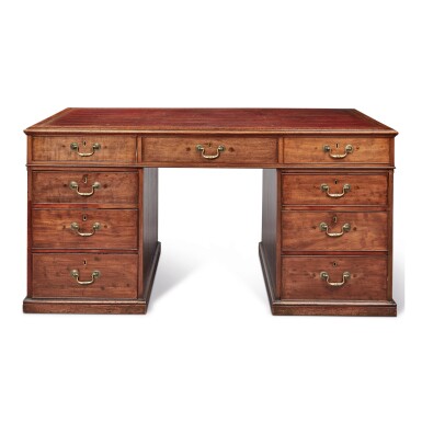 View full screen - View 1 of Lot 244. A GEORGE III MAHOGANY PARTNER'S PEDESTAL DESK, CIRCA 1780.