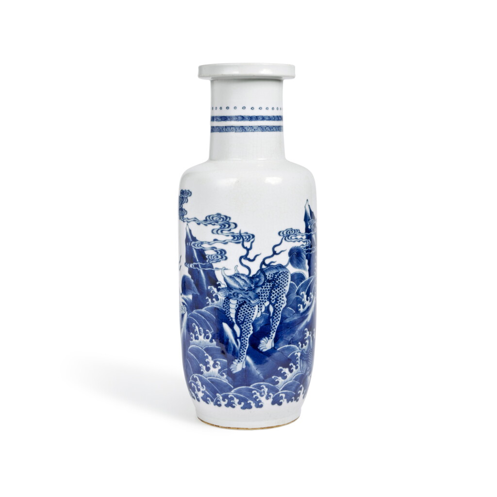 View full screen - View 1 of Lot 1. A blue and white 'mythical beast' rouleau vase, Qing dynasty, Kangxi period.