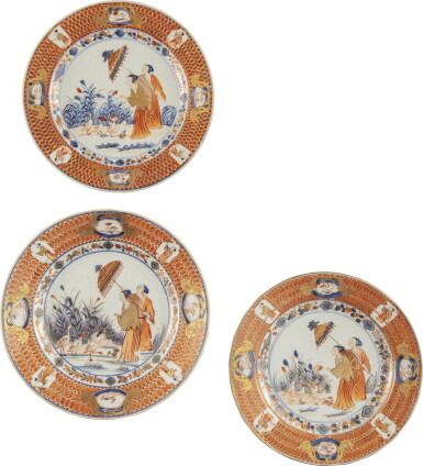 View full screen - View 1 of Lot 714. THREE CHINESE EXPORT IMARI 'DAME AU PARASOL' PATTERN PLATES, QING DYNASTY, QIANLONG PERIOD, CIRCA 1740.