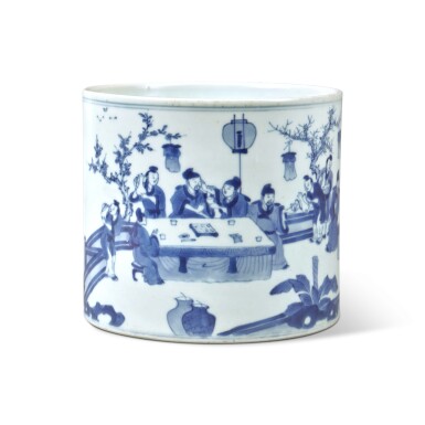 View full screen - View 1 of Lot 604. A Large Inscribed Chinese Blue and White 'Spring Banquet' Brushpot, Qing Dynasty, Kangxi Period.