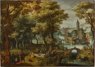 View full screen - View 1 of Lot 342. Figures picknicking and promenading in a river landscape, a castle beyond.