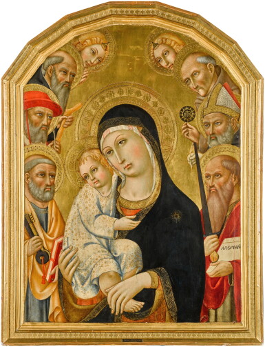 View full screen - View 1 of Lot 1. The Virgin and Child, with Saints Peter, Jerome, Anthony Abbot, Bernardino, Augustine, Paul, and two angels.