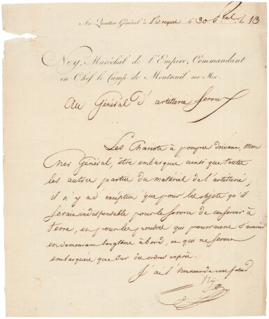 View full screen - View 1 of Lot 90. Michel Ney | letter signed, to Artillery General Seroux, preparing for the invasion of England, 19 June 1805.