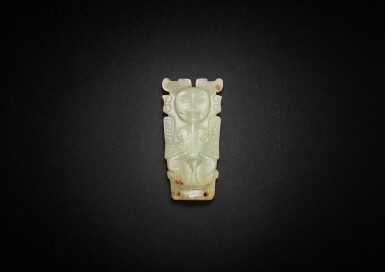 View full screen - View 1 of Lot 3790. An extremely rare pale celadon jade 'kneeling human' ornament, Mid - late Shang dynasty | 商中晚期 青白玉蹲踞人形飾.