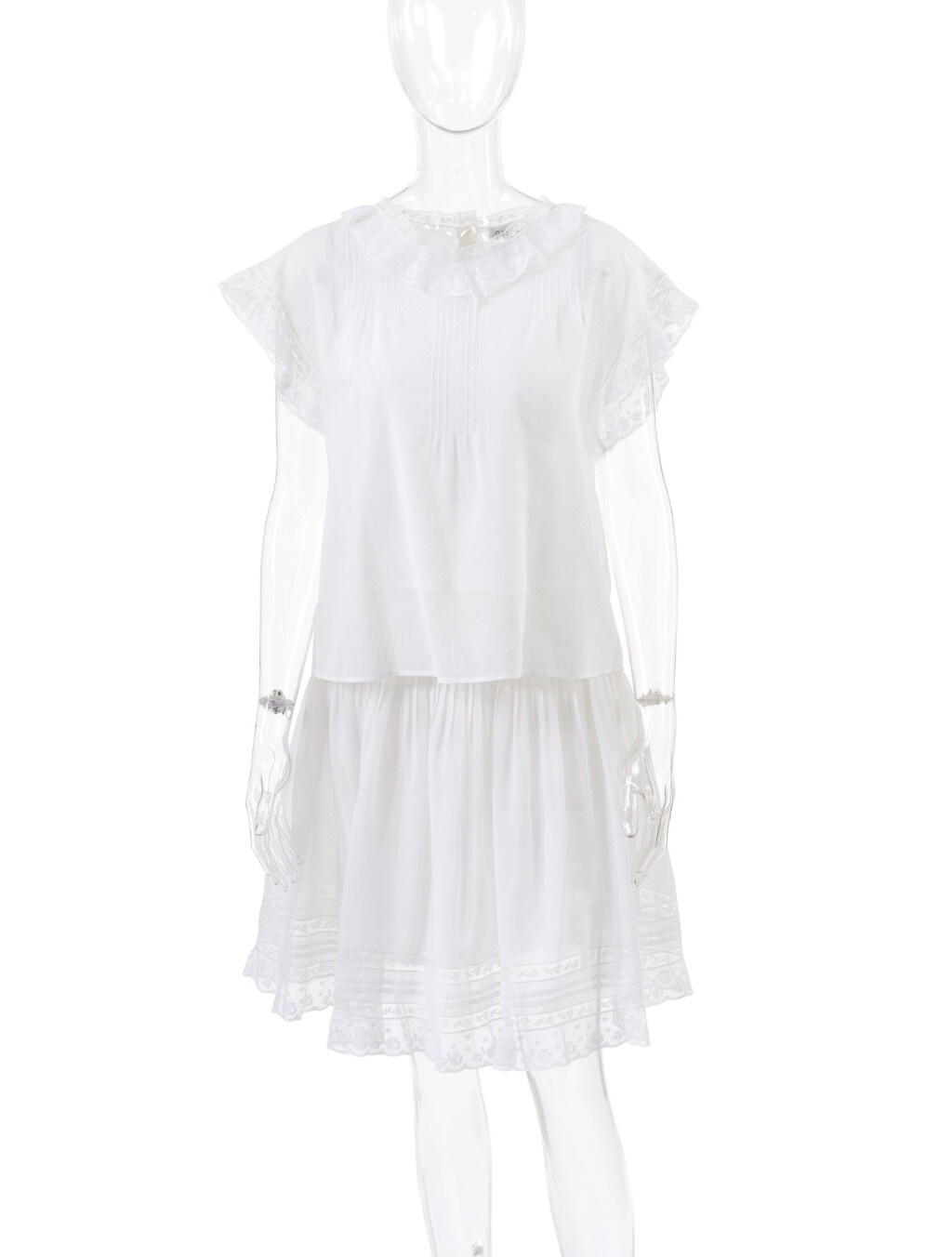 View full screen - View 1 of Lot 135. CHANEL | WHITE COTTON SKIRT, TOP AND BLOUSE ENSEMBLE, TOP AND BLOUSE .