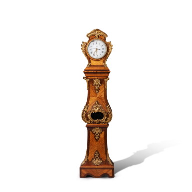 View full screen - View 1 of Lot 66. A Louis XV gilt-bronze mounted tulipwood and holly veneered longcase clock, the case stamped by Nicolas Petit, the dial signed Janvier.
