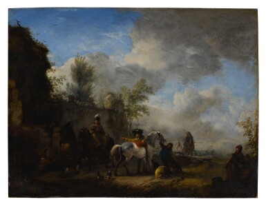 View full screen - View 1 of Lot 536. PHILIPS WOUWERMAN | A CAVALIER AND A LADY HALTING AT AN INN.